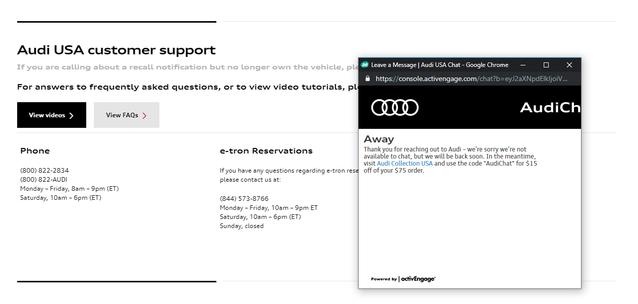 Audi Collection USA - Audi Store YMMV $15 off $75 coupon 'AudiChat' $60