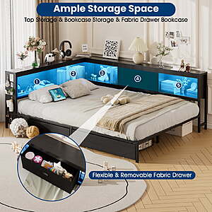 Lusimo Full Corner Bed Frame with Bookcase Storage and LED Lights & Charging Station, Metal Platform Bed Frame with Storage Drawers Underneath for Bedroom, Gray $259.99