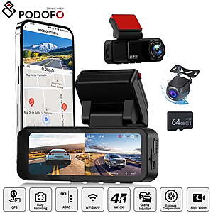 Podofo 4K Front & 2K Rear Dash Cam w/ GPS, WiFi, 3.16" IPS Display, Night Vision + Free S&H w/ Walmart+ or on $35+ $34.99