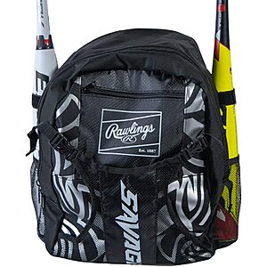 Rawlings SAVAGE Youth Baseball & Softball Equipment Backpack Bag (Black/Silver)