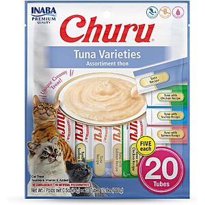 Select Accounts: 20-Pack 0.5-Oz INABA Churu Lickable Creamy Purée Cat Treats (Tuna Variety) $6.59 w/ S&S + Free Shipping w/ Prime or on $35+