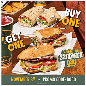 Potbelly Sandwich Works Restaurant: Potbelly Big, Original Sandwich or Wrap B1G1 Free (Valid 11/3 Only)
