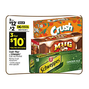 Dollar General - 3x12 packs of Crush, Mug, or Schweppes, $10 after coupon