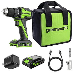 GREENWORKS 24V 1/2" Brushless Cordless Drill (400 In-lbs.), 2.0Ah (12,000mAh Power Bank) USB-C Batteries, 3.3 FT Braided Cable, 30W Charger $60.36