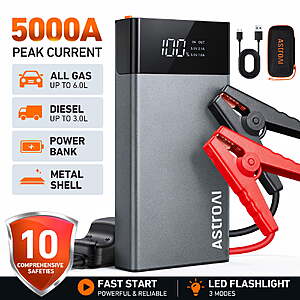 AstroAI 5000A Peak 12V Car Jump Starter Power Bank $27.99