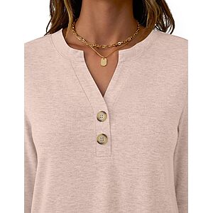 Women’s Long Sleeve V-Neck Top $6.50 – Casual Button Blouse, Loose Fit Tunic for Fall