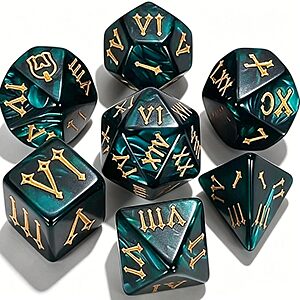 7-Pc. Ciaraq Polyhedral DND RPG Dice Set w/ Velvet Bag (Deep Teal Pearl)