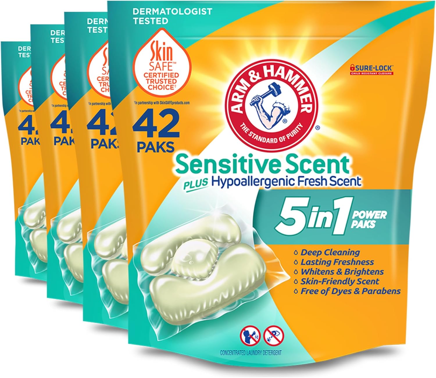 4-Pack 42-Count Arm & Hammer HE 5-in-1 Liquid Laundry Detergent Power Paks (Sensitive Scent) $17.48 w/ S&S + Free S&H w/ Prime or $35+