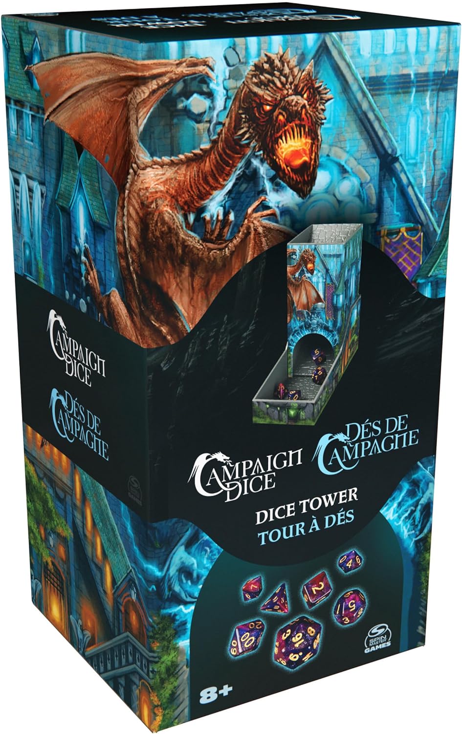 Campaign dice tower w 7 polyhedral dice for role playing board games