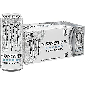 15-Pack 16-Oz Monster Energy Sugar Free Energy Drink (Zero Ultra) .30 w/ Subscribe & Save