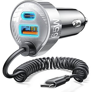65W LISEN PD/QC 3.0 USB-C & USB-A Car Charger w/ 60" Coiled USB-C Cable & More