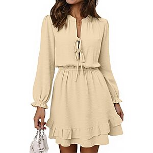 Angashion Women's V-Neck Long Sleeve Tie Front Mini Dress w/ Pockets (Various) $10 