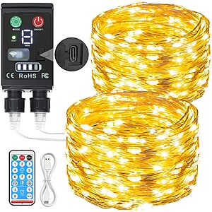 66' Lakumu 2-in-1 Rechargeable 200 LED Fairy String Lights (Warm White) $8 & More