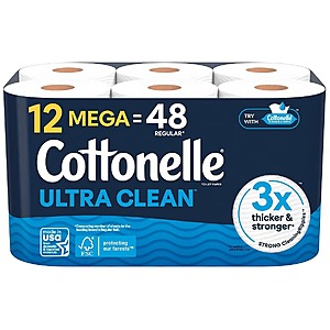 12-Ct Cottonelle 1-Ply Mega Roll Toilet Paper (Ultra Clean/Comfort) + alt=