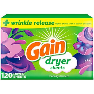 120-Ct Gain Dryer Sheets Plus Wrinkle Release (Moonlight Breeze Scent) 4 for $13.40 
