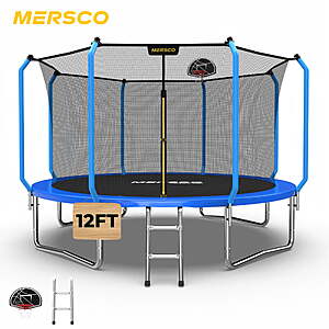 Mersco 12FT Kids Trampoline, ASTM Certified Heavy Duty Outdoor Trampoline with Safety Enclosure Net Basketball Hoop and Ladder for Backyard Family Fun, Trampoline SUPER $199.99