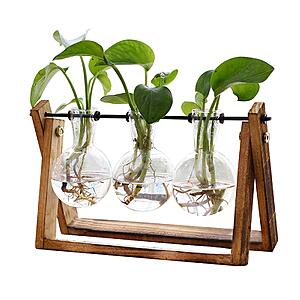 XXXFLOWER Plant Terrarium with Wooden Stand, Air Planter Bulb Glass Vase Metal Swivel Holder Retro Tabletop for Hydroponics Home Garden Office Decoration - 3 Bulb Vase $13.29