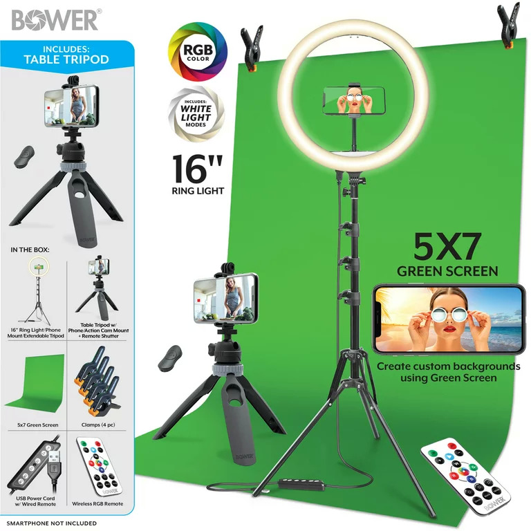 Bower Content Creator Kit: 16" Ring Light, 62" Tripod & 5'x7' Green Screen w/ 7 Special Effect Light Modes & Additional Accessories $10 + Free S&H w/ Walmart+ or $35+