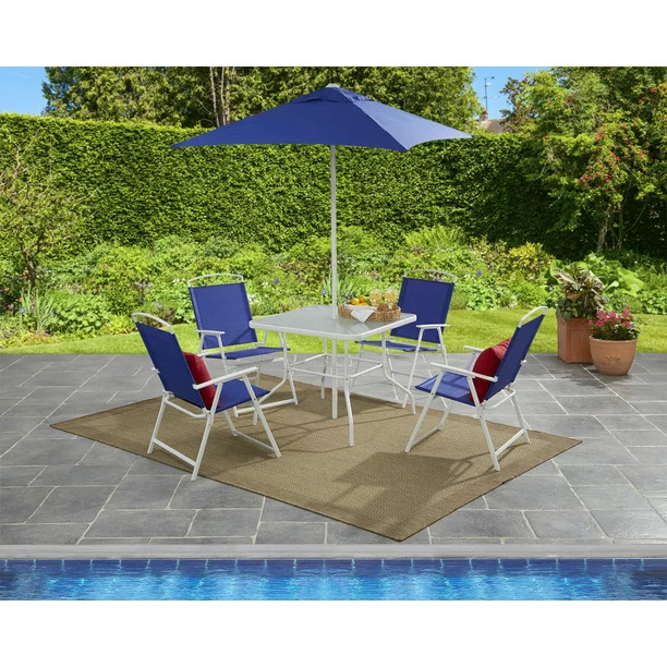 6-Piece Mainstays Albany Lane Outdoor Patio Dining Set w/ 4 Sling Folding Chairs & Market Umbrella (Various Colors) $50 + Free Shipping