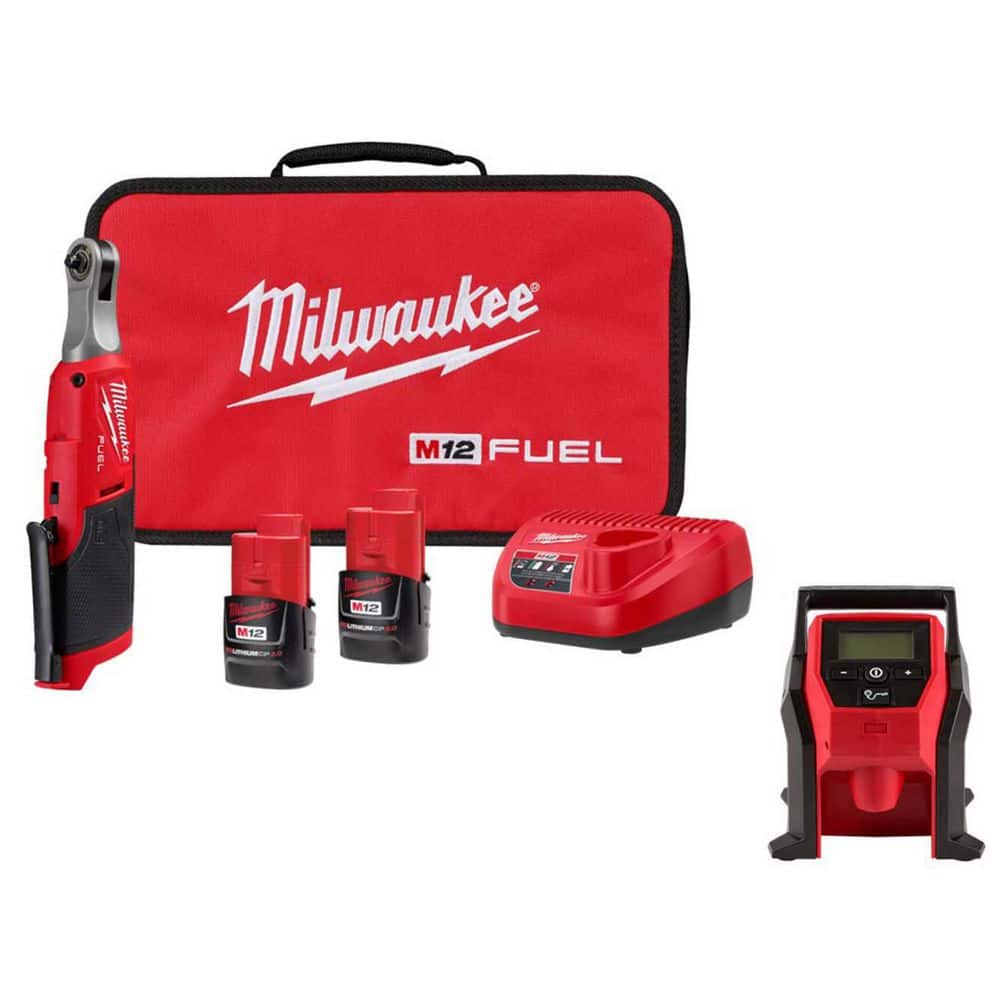 Milwaukee M12 FUEL 12V Lithium-Ion Brushless Cordless High Speed 1/4 in. Ratchet Kit w/ M12 Compact Inflator + Milwaukee M12: Radio, Inflator, or Grease Gun $299 + Free Shipping