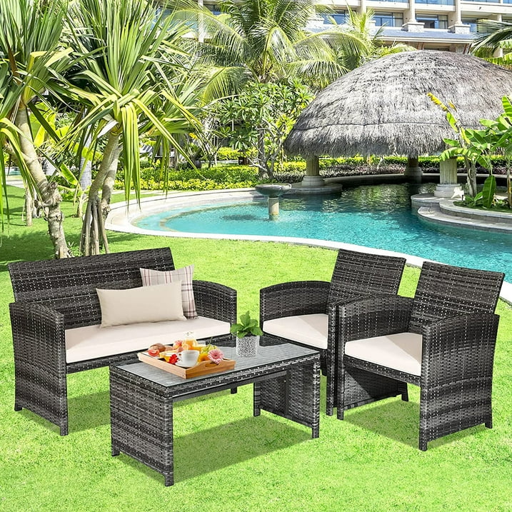 4-Piece Costway Patio Rattan Furniture Conversation Set w/ Cushions (5 Colors) $190 + Free Shipping