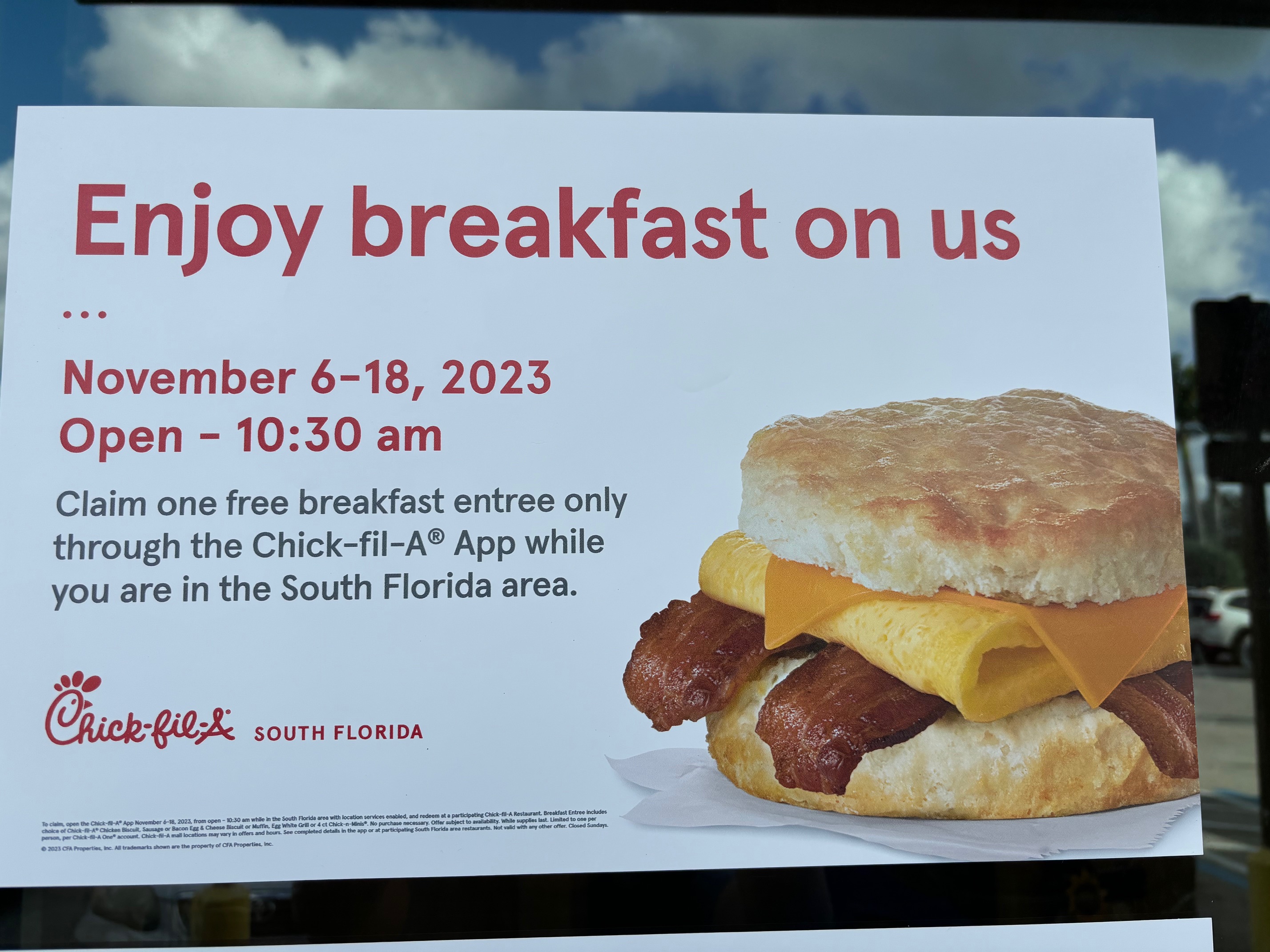 ChickfilA South Florida Residents Only Free Breakfast Entree in App