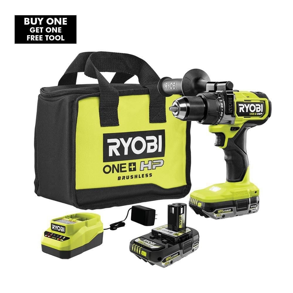 RYOBI ONE+ HP 18V Brushless Cordless 1/2 in. Hammer Drill Kit with (2) 2.0 Ah Batteries, Charger, and Bag PBLHM101K2 - $159