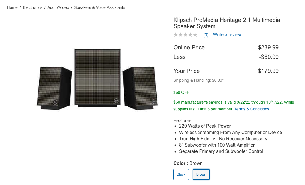 Klipsch ProMedia Heritage 2.1 Multimedia Speaker System $179.99