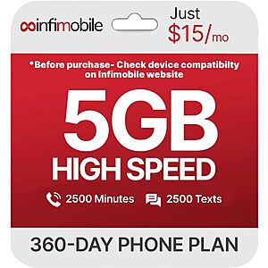 Prime Members: 5GB 12-Mo Infimobile Prepaid Plan (2500 Min + 2500 Text) $60 + Free Shipping