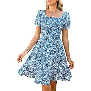 Lyrur Women's Floral Square Neck Smocked Knee Length Summer Dress (Various)