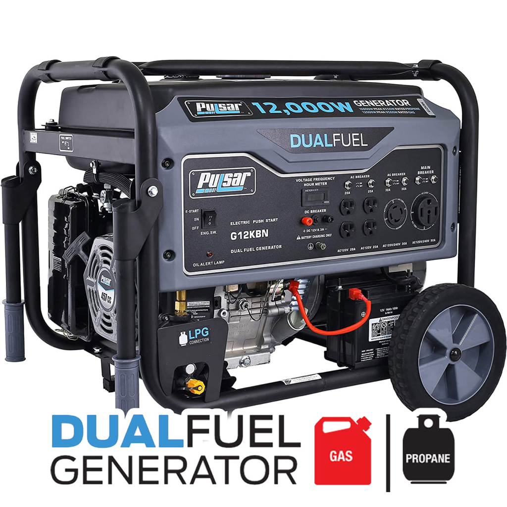 Pulsar 12,000W Dual Fuel Portable Generator in Space Gray with Electric