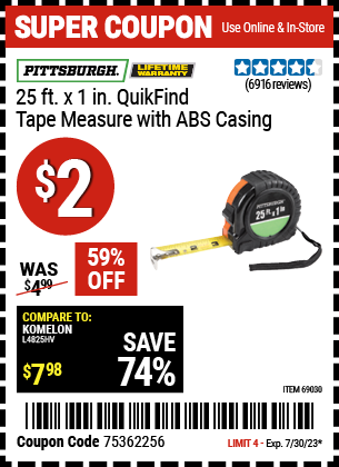 Pittsburgh 25 ft. x 1 in. QuikFind Tape Measure with ABS Casing, $2.00