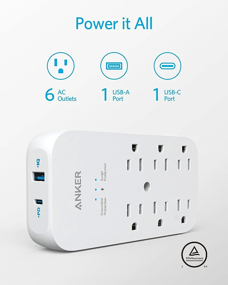 Anker Outlet Extender and USB Wall Charger, 6 Outlets and 2 USB Ports, 20W USB-C Power Delivery, $15.99