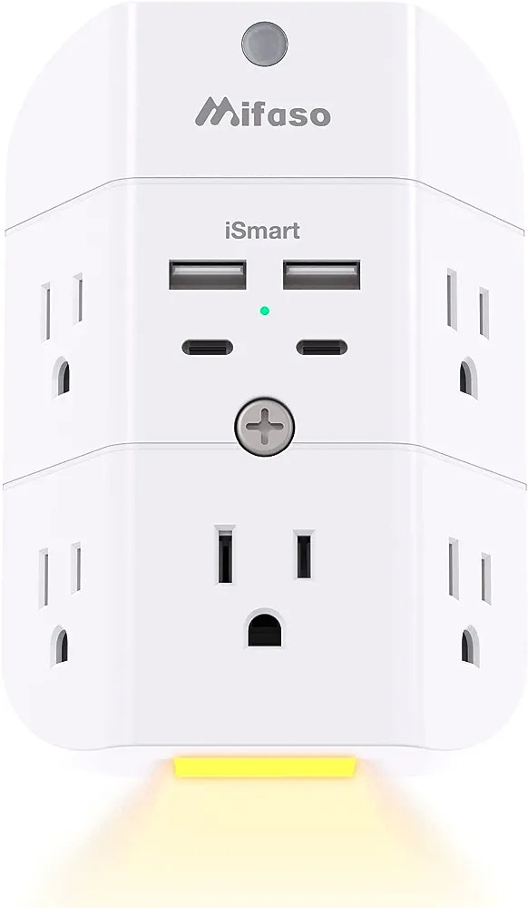 Mifaso Surge Protector with Night Light, 5-Outlets, and 4 USB Ports (2 ...