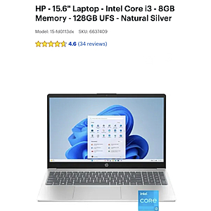 HP - 15.6 Laptop - Intel Core i3 - 8GB Memory - 128GB UFS - Natural Silver $219.99