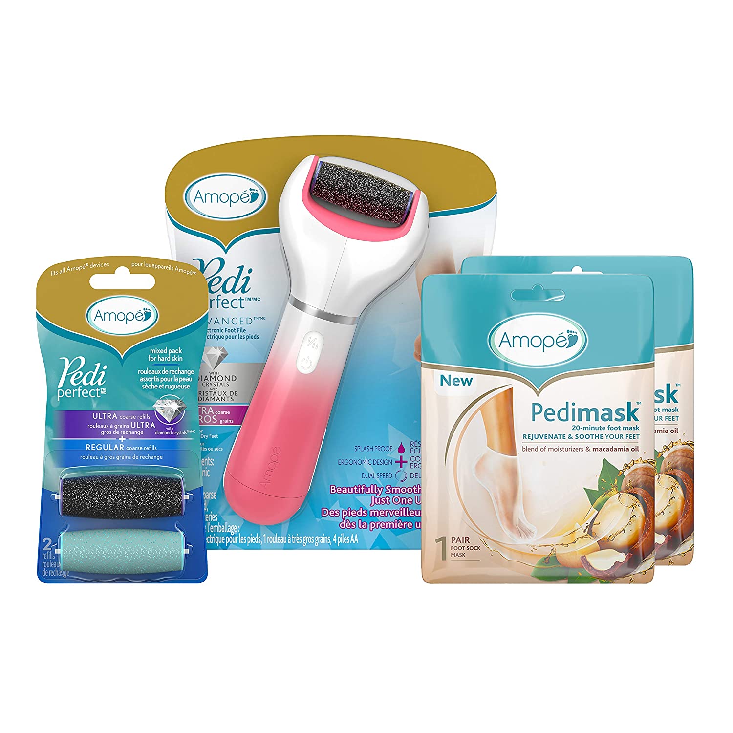 Amope Pedicure Kit: Electronic Foot File, 2 Replaceable Heads, 2 Pairs Macadamia Oil PediMasks $21 & MORE at Amazon