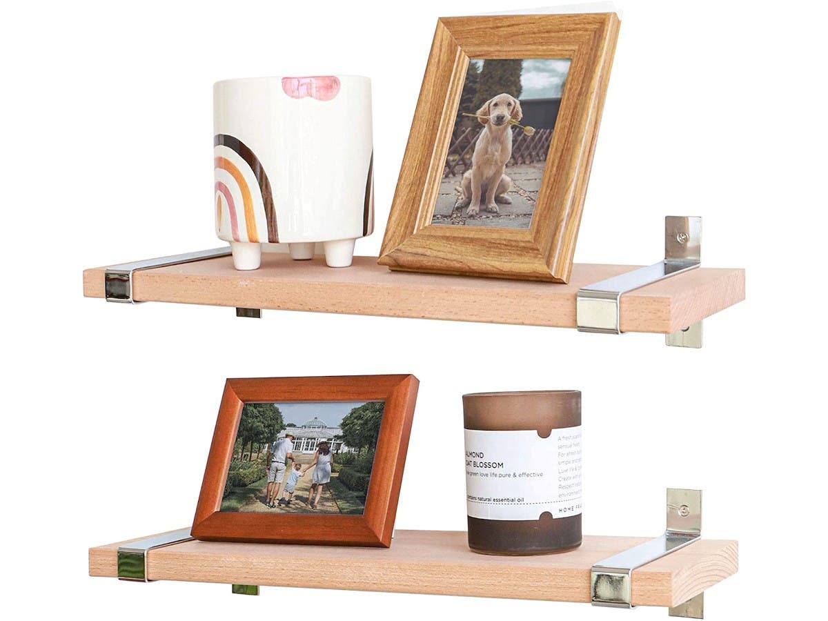 Set of 2 Beech Wood Floating Shelves Wall Mounted Solid Wood or