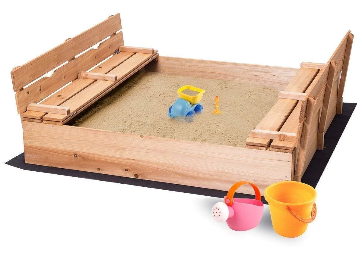 Wood Sandbox, 2 Convertible Foldable Bench Seats, Sand Protection, Bottom Liner $69.99 + Free Shipping