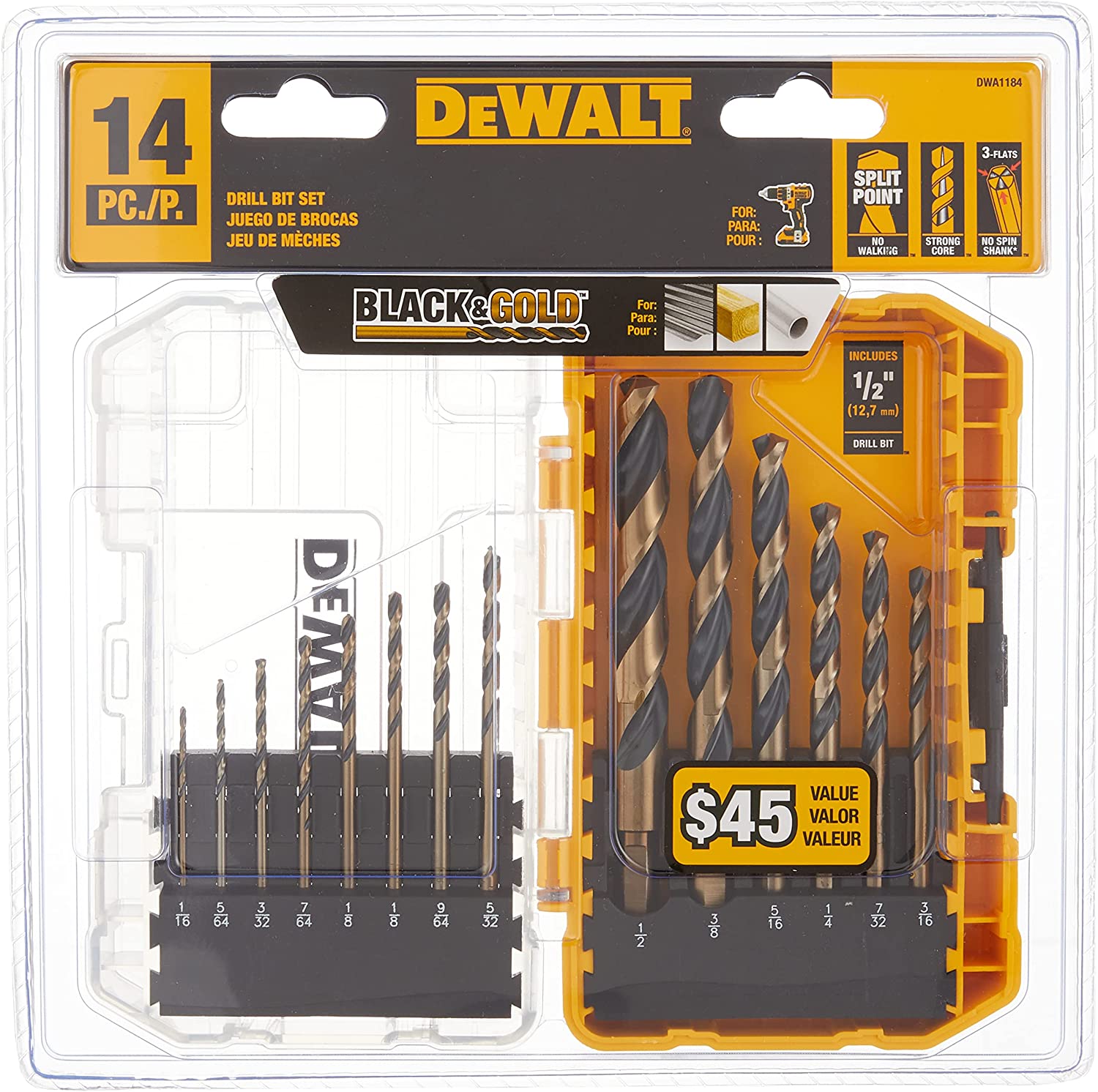 14-Piece DeWALT DWA1184 Black & Gold Drill Bit Set $10 + Free Ship w/Prime