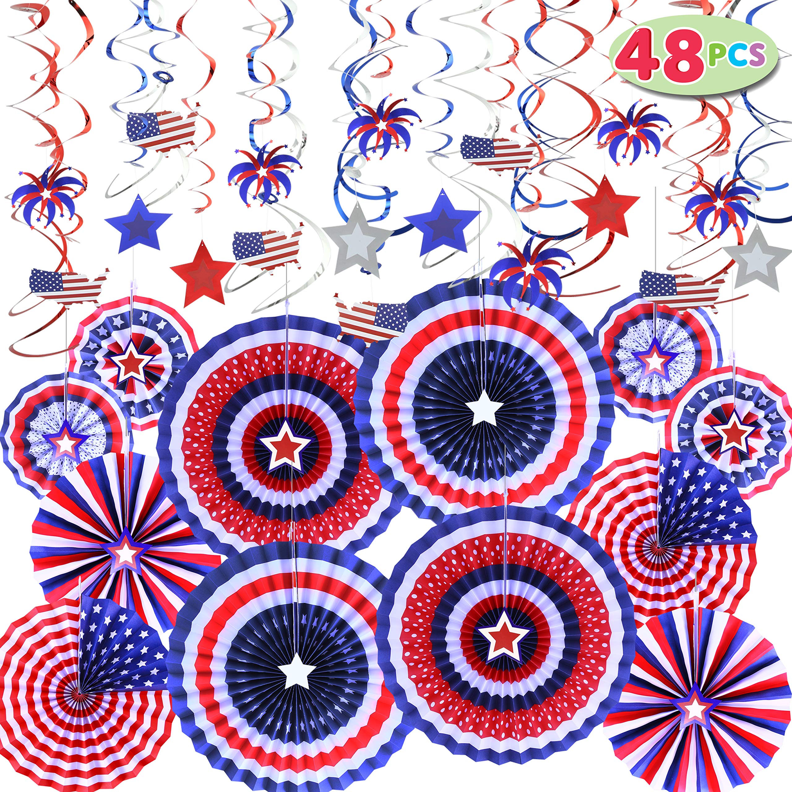 48 Pc. JOYIN Patriotic Party Decorations of 12 Paper Fan, 36 Swirl Streamers for 4th of July $9.99 + Free Ship w/Prime