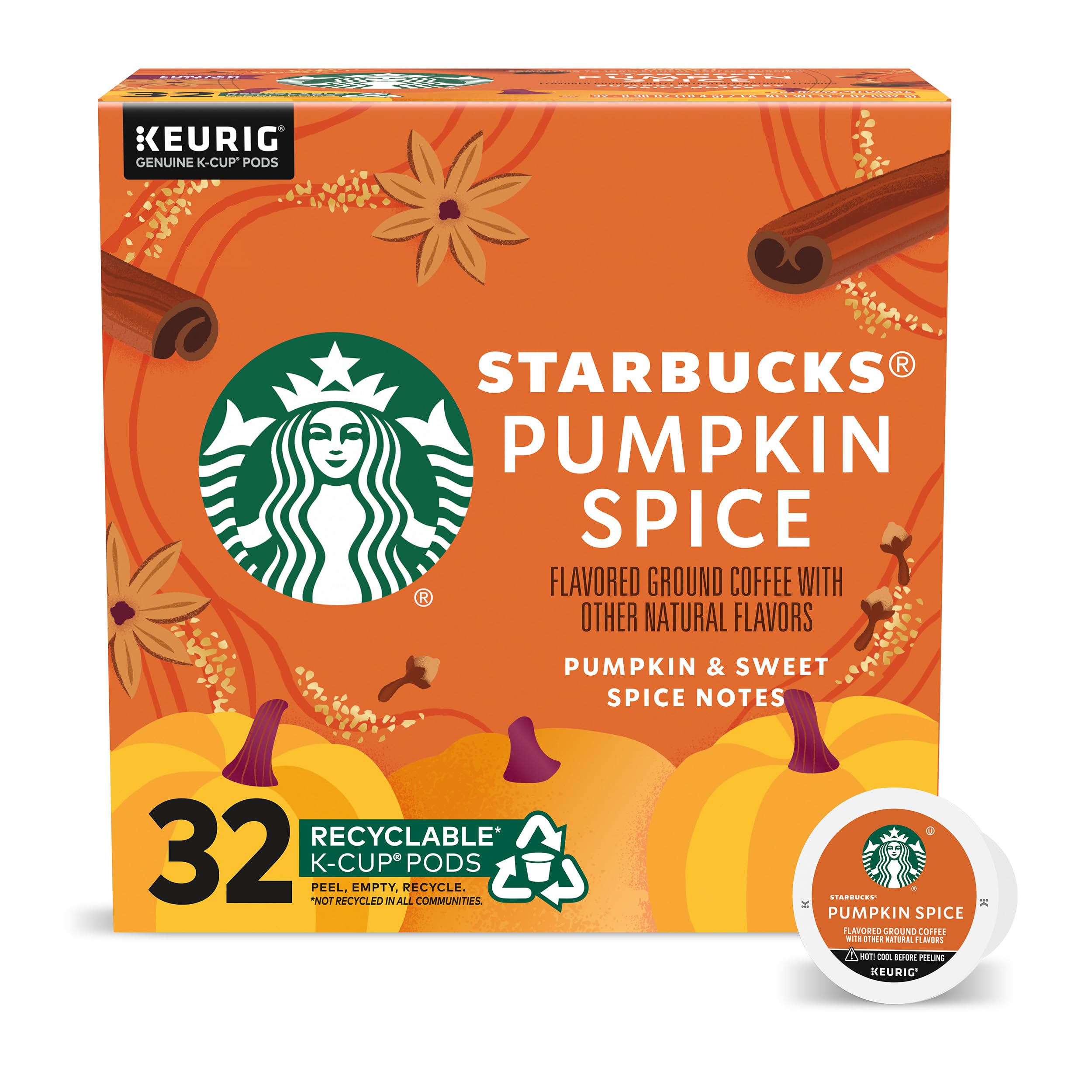 32 ct. Starbucks K-Cup Coffee Pods, Pumpkin Spice Naturally Flavored Coffee 100% Arabica $16.27 or Less w/s&s