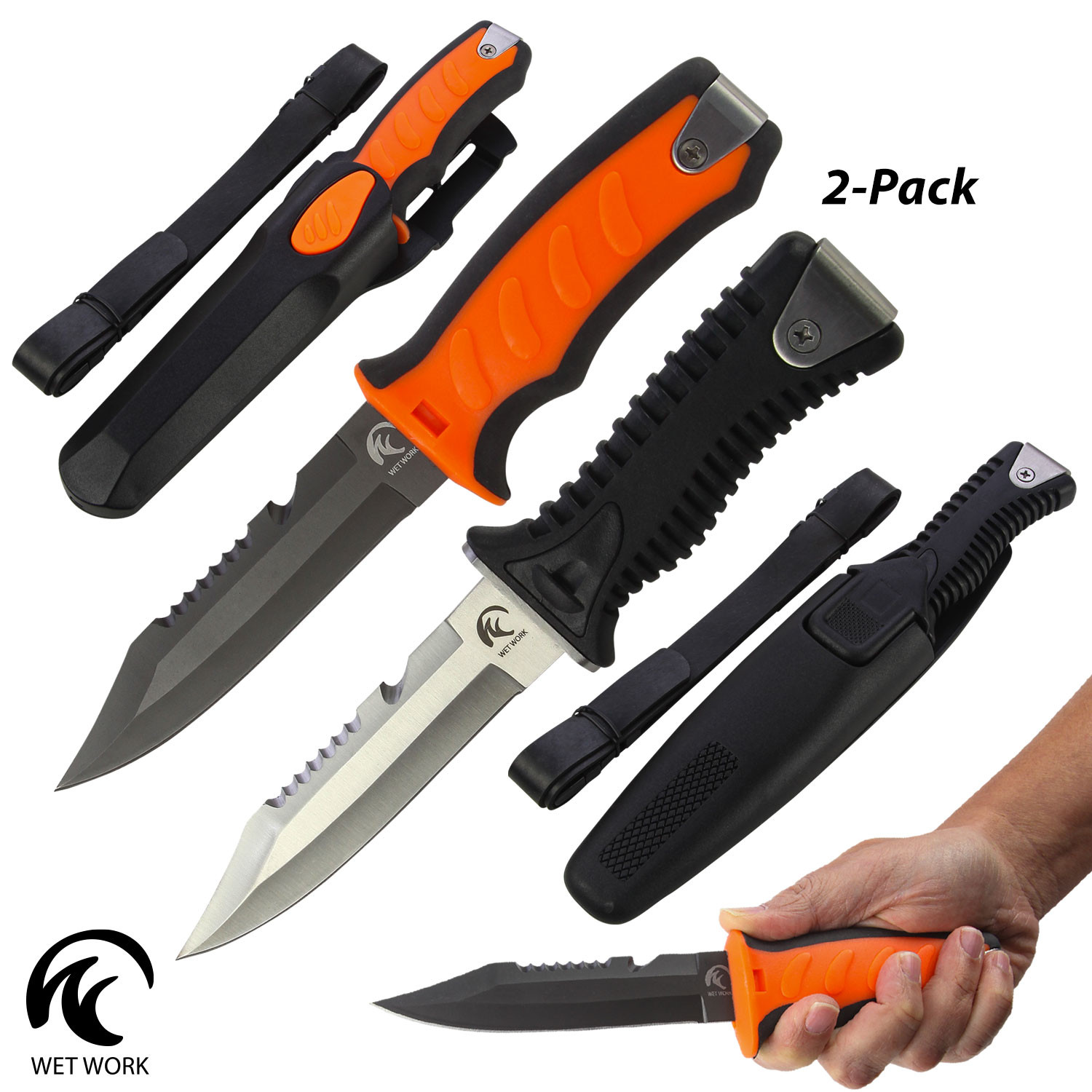 2Pack Wet Work Partially Serrated Fixed Blade Dive Knife w/Sheath