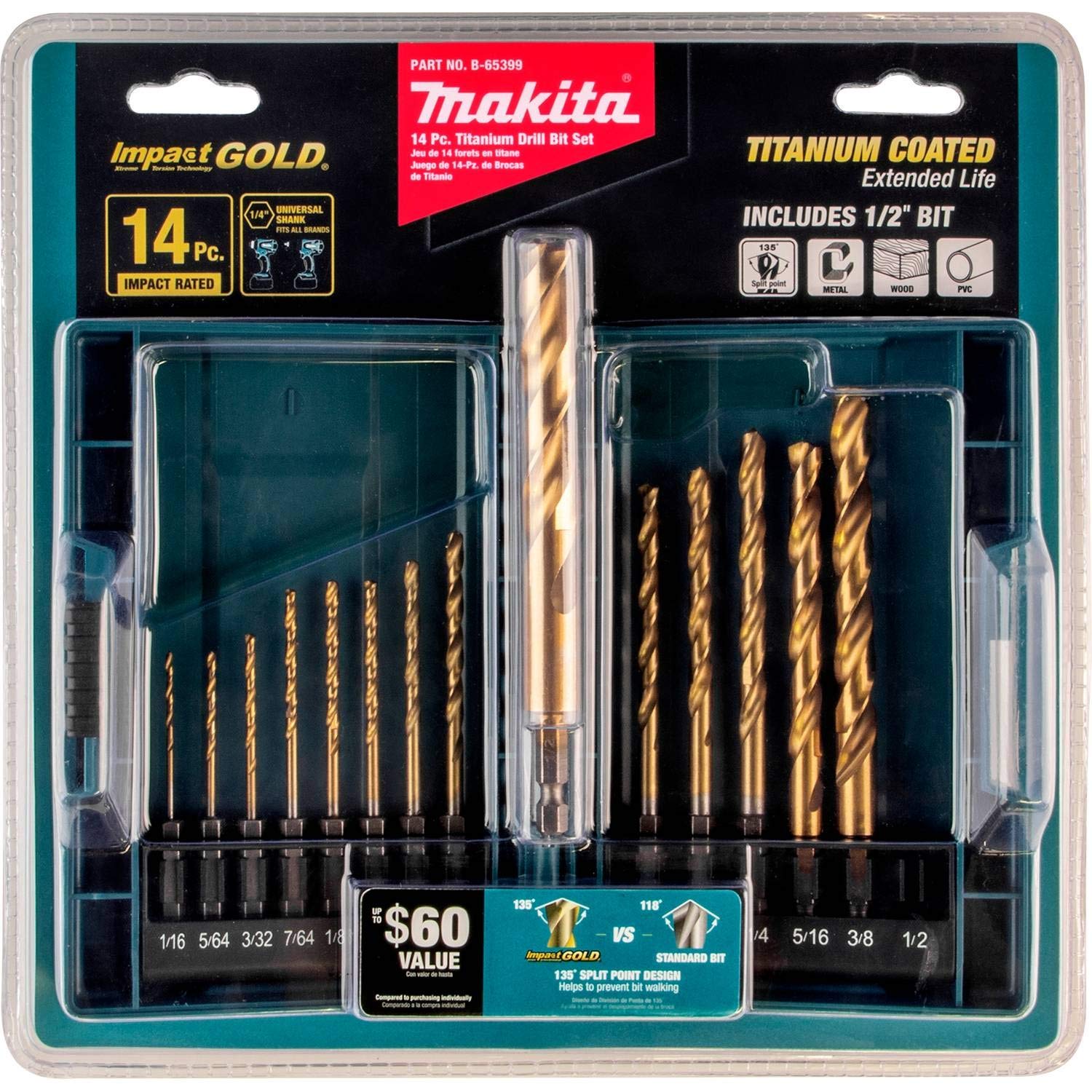 Makita B-65399 Impact Gold 14 Pc. Titanium Coating Drill Bit Set, 1/4 In. Hex Shank $11 + Free Shipping w/ Prime or on $35+