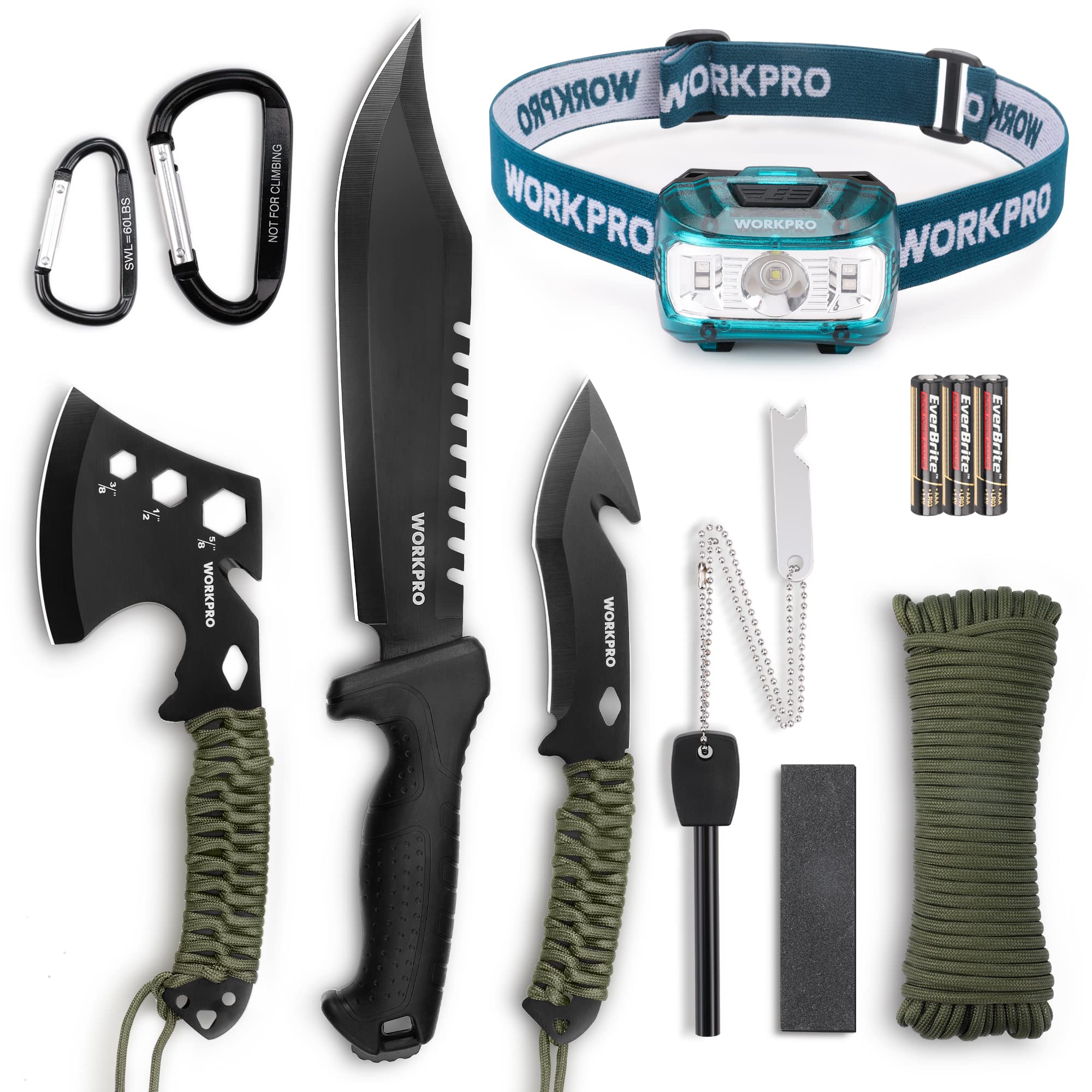 9 Piece Set WORKPRO Camping Hatchet & Machete with Sheath, Axe and Fixed Blade Hunting Knives, Headlamp, Flint $37.99 + Free Shipping