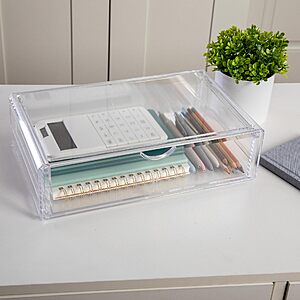Martha Stewart Brody Desk Organizer with Drawer, Storage for Office, Bathroom, Countertop 12.75" x 7.75" (Clear)