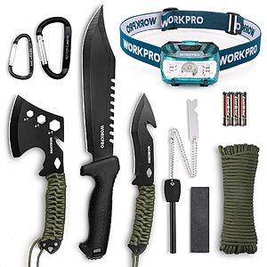 9 Piece Set WORKPRO Camping Hatchet & Machete with Sheath, Axe and Fixed Blade Hunting Knives, Headlamp, Flint
