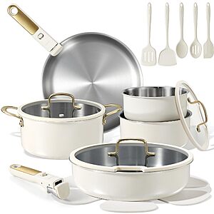 19-Piece CAROTE Tri-Ply Stainless Steel Cookware Pots and Pan Set with Detachable Handle  (White)  .99 + Free Shipping