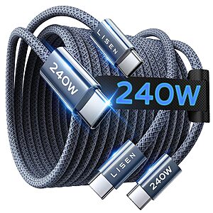 2-Pk 6.6' LISEN 240W USB-C to USB-C Charge Cable