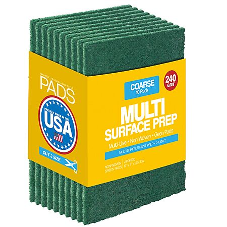 10-Pack 6" x 9" Non-Woven Paint Stripping Pads for Wood, Metal, Rust Removal 240 Grit - 10 Pack (Green) $8.93 + Free Shipping w/ Prime or on $35+
