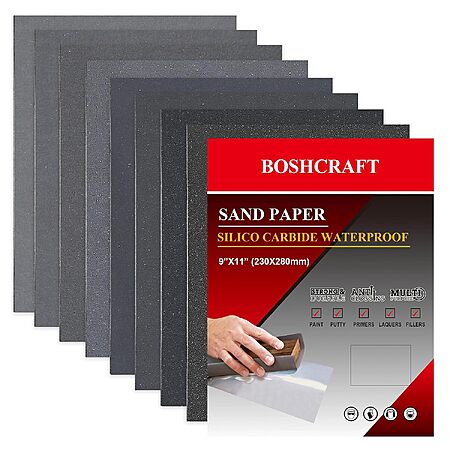 25-Count BOSHCRAFT 9" x 11" Wet/Dry Sandpaper Assortment (400-5000 Grit)
